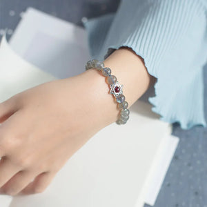 925 Sterling Silver Natural Grey Moonstone Round Bracelet with Star of David