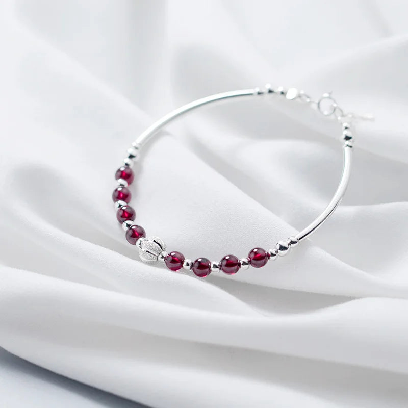 925 Silver Red Garnet Beads Cuff Bracelet Lucky Wrist Bangle Charms