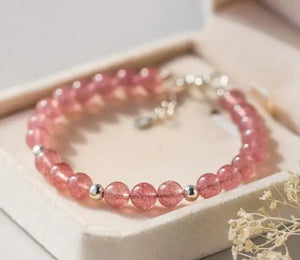 925 Sterling Silver Rose Quartz Strawberry Quartz Bead Bracelet