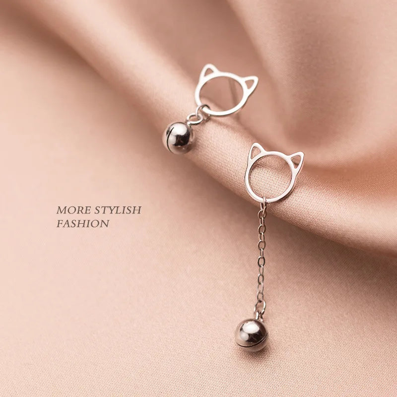 925 Sterling Silver Jingle Bell & Cat Piercing Ear Earrings