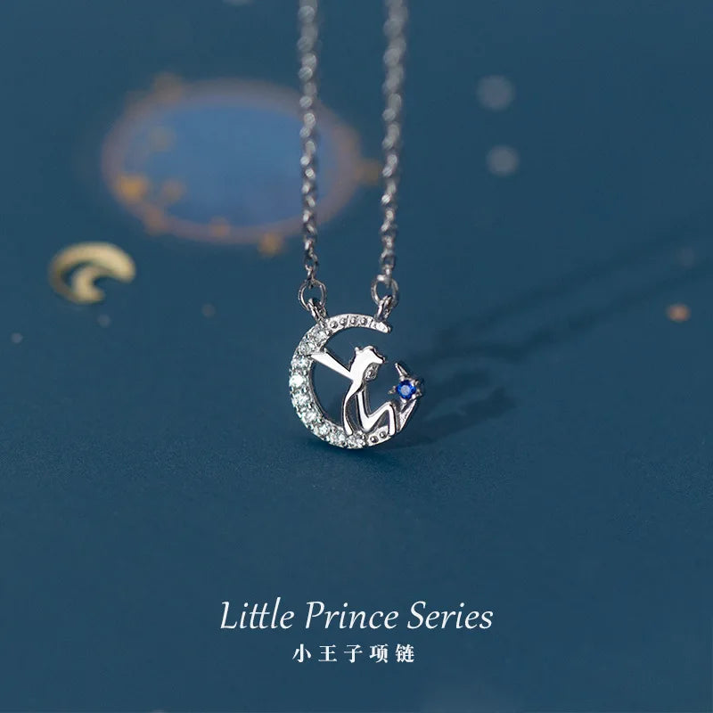 925 Sterling Silver Little Prince and Moon Pendant Necklace