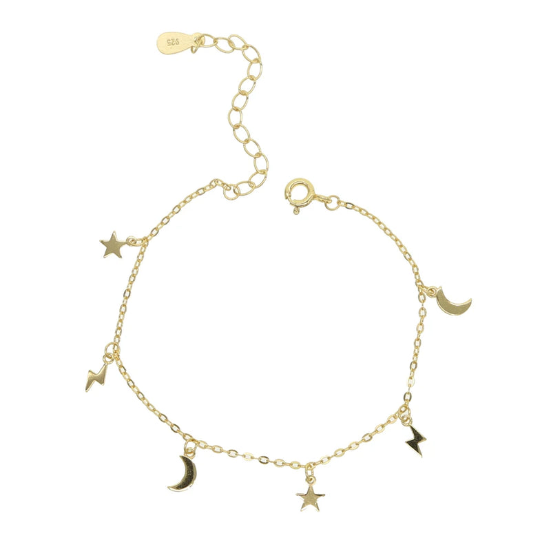 925 Silver Mini Lightning Bolt Moon Star Charm Bracelet Jewelry Women Wedding