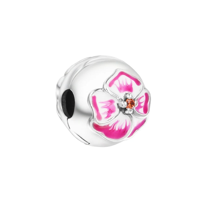 925 Silver Pink Pansy Flower Clip Charm Bead for Bracelets