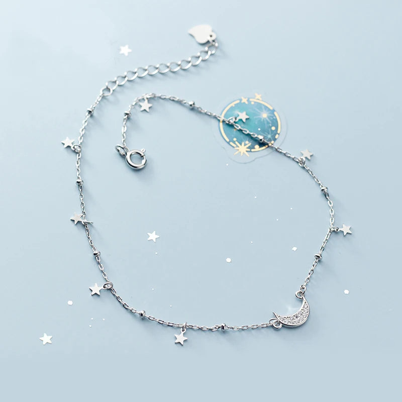 925 Sterling Silver Star Moon Anklets Ankle Bracelets Foot Chains