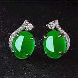 925 Sterling Silver Green Jade Stud Earrings Lady Round Emerald Gemstone