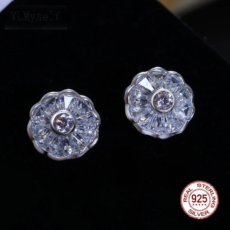 925 Silver Round Stud Earrings Full Zircon Crystal OL Lady Jewelry