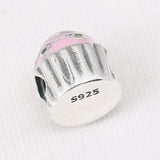 925 Sterling Silver Cupcake Charm, Pink Enamel & Clear CZ Beads Pendant
