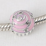 925 Sterling Silver Cupcake Charm, Pink Enamel & Clear CZ Beads Pendant