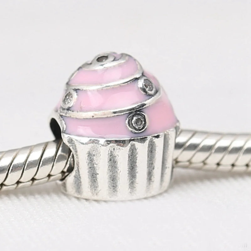 925 Sterling Silver Cupcake Charm, Pink Enamel & Clear CZ Beads Pendant