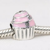 925 Sterling Silver Cupcake Charm, Pink Enamel & Clear CZ Beads Pendant