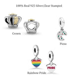 925 Silver Pizza Dangles Crown Charm Rainbow Heart Beads DIY