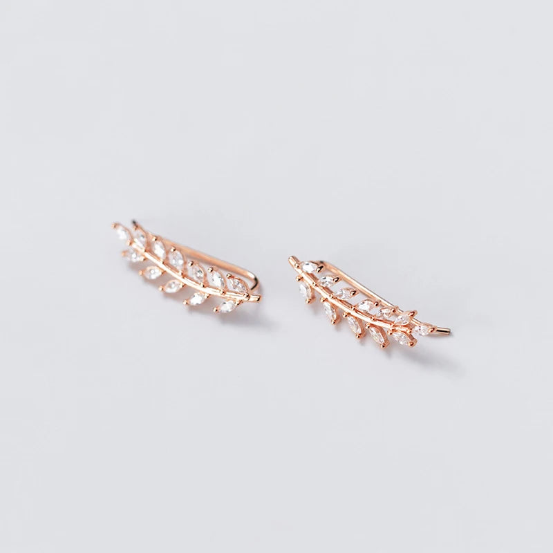 925 Sterling Silver Zircon Leaf Ear Climber Earrings for Women