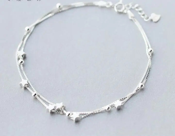 925 Sterling Silver Multi-Rows Lucky Beads & Star Anklet Bracelet