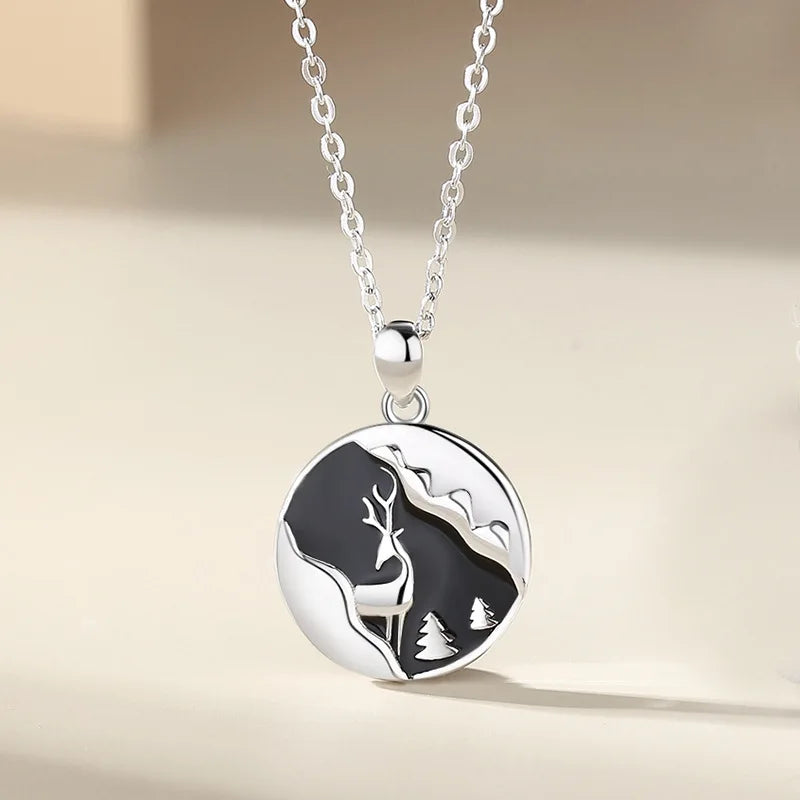 Sterling Silver Couple Pendant Necklaces Deer and Galaxy Jewelry