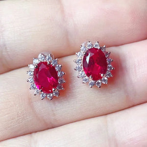 Lab Ruby Earrings Women Red Gemstone Stud Fine Jewelry