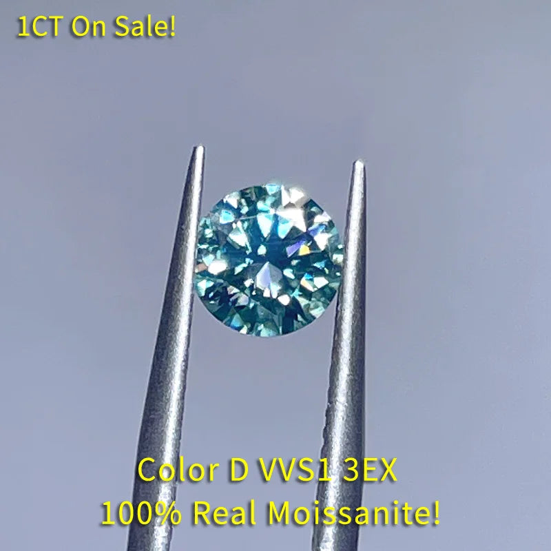 Real Moissanite Blue-green Round Cut D VVS1 3EX Loose Stone
