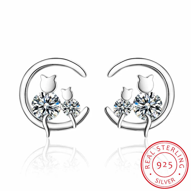 Moon CZ Cats Stud Earrings 925 Sterling Silver