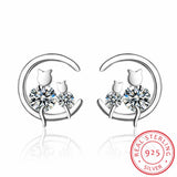 Moon CZ Cats Stud Earrings 925 Sterling Silver