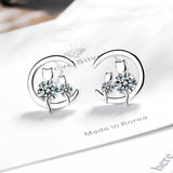 Moon CZ Cats Stud Earrings 925 Sterling Silver