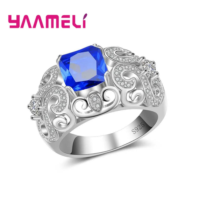 925 Sterling Silver Square Crystal Rhinestone Charm Rings