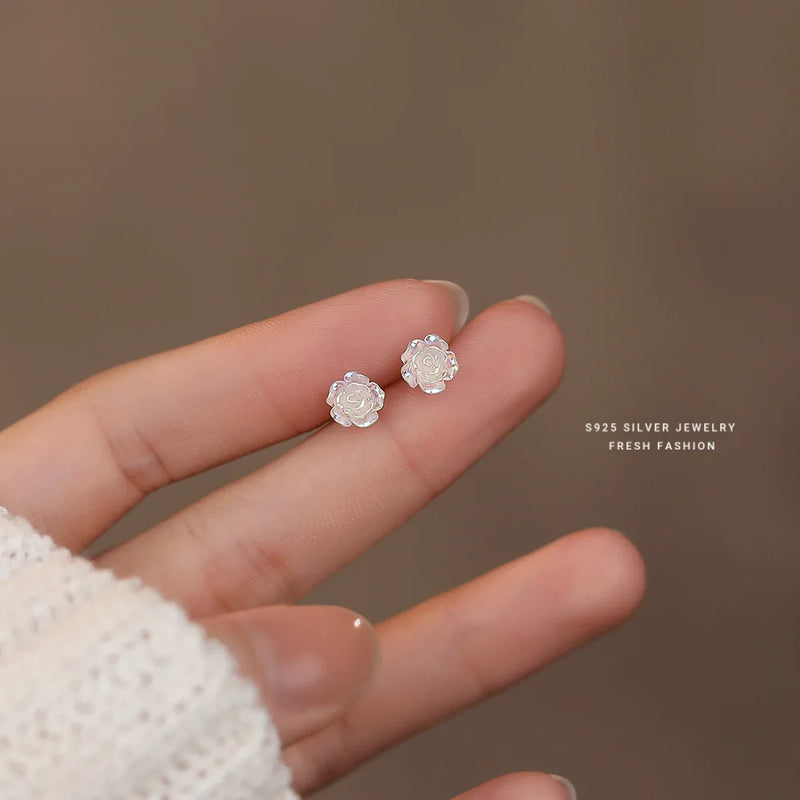 S925 Sterling Silver Shell Rose Flower Stud Earrings Party Jewelry