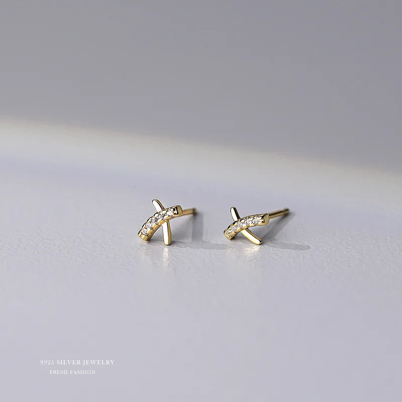 S925 Silver Zirconia Cross X Letter Stud Earrings