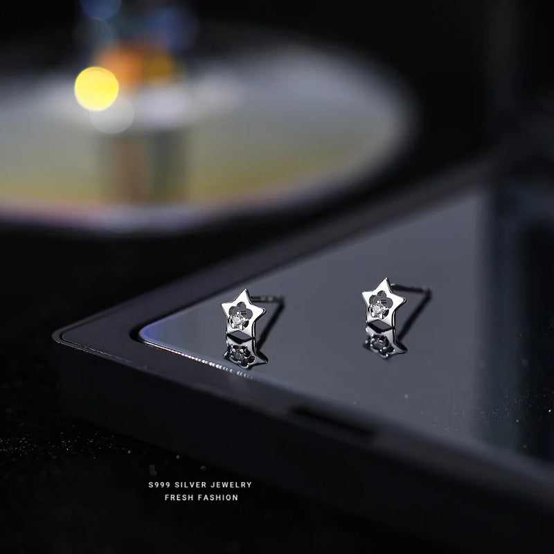 S999 Sterling Silver Crystal Five Star Stud Earrings Party Jewelry