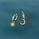 S925 Sterling Silver Asymmetric Diamond Star Moon Earrings