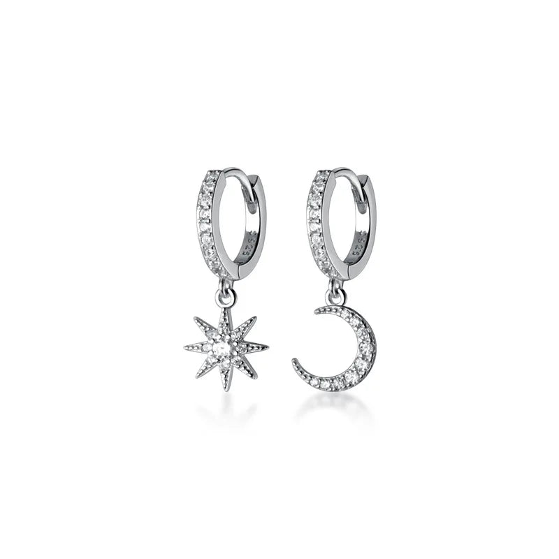 S925 Sterling Silver Hoop Earrings Single Diamond Star Micro-set Moon Jewelry