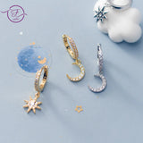 S925 Sterling Silver Hoop Earrings Single Diamond Star Micro-set Moon Jewelry
