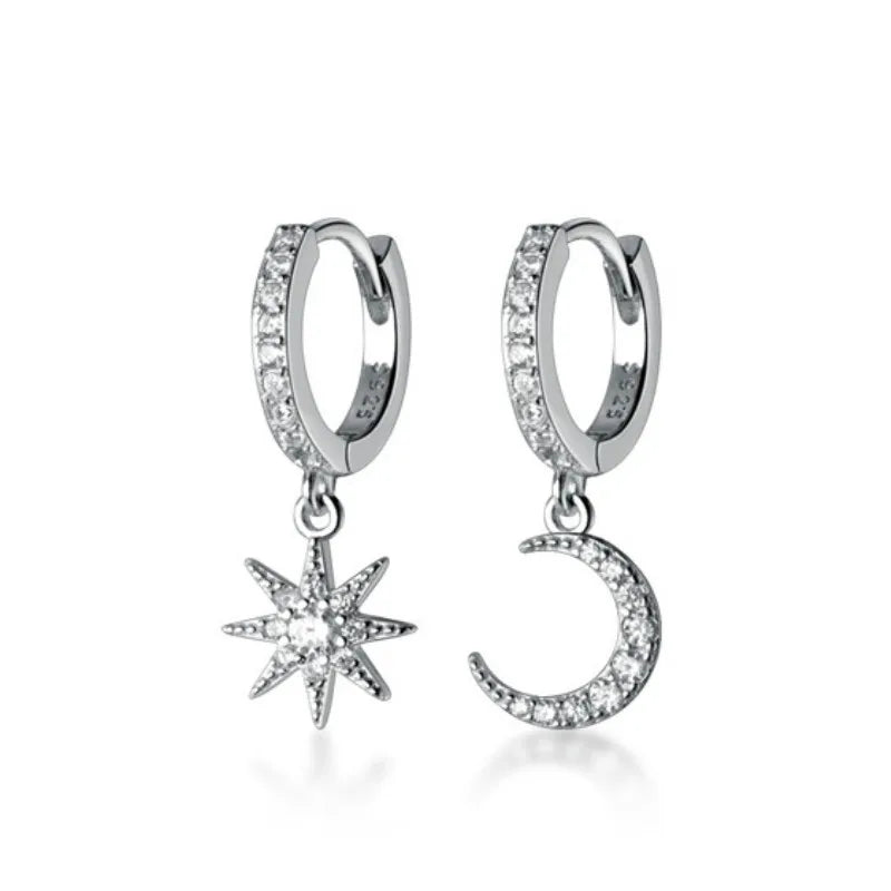S925 Sterling Silver Asymmetric Diamond Star Moon Earrings