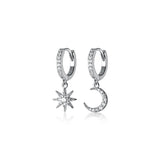 S925 Sterling Silver Hoop Earrings Single Diamond Star Micro-set Moon Jewelry