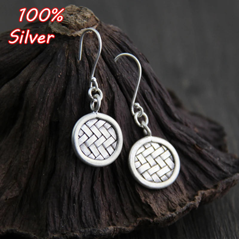 Vintage Thai Silver Round Earrings Women 925 Sterling Silver