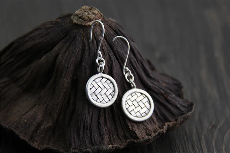 Vintage Thai Silver Round Earrings Women 925 Sterling Silver