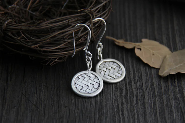Vintage Thai Silver Round Earrings Women 925 Sterling Silver