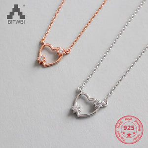 S925 Sterling Silver Heart Necklace Pendants Crystal Zircon Love Colar