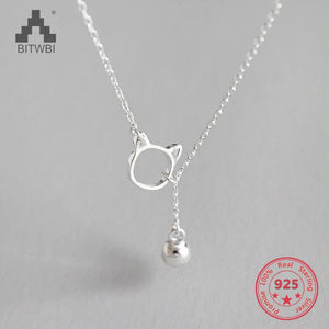 S925 Sterling Silver Fresh And kitten and bell Necklace Silver Jewelry