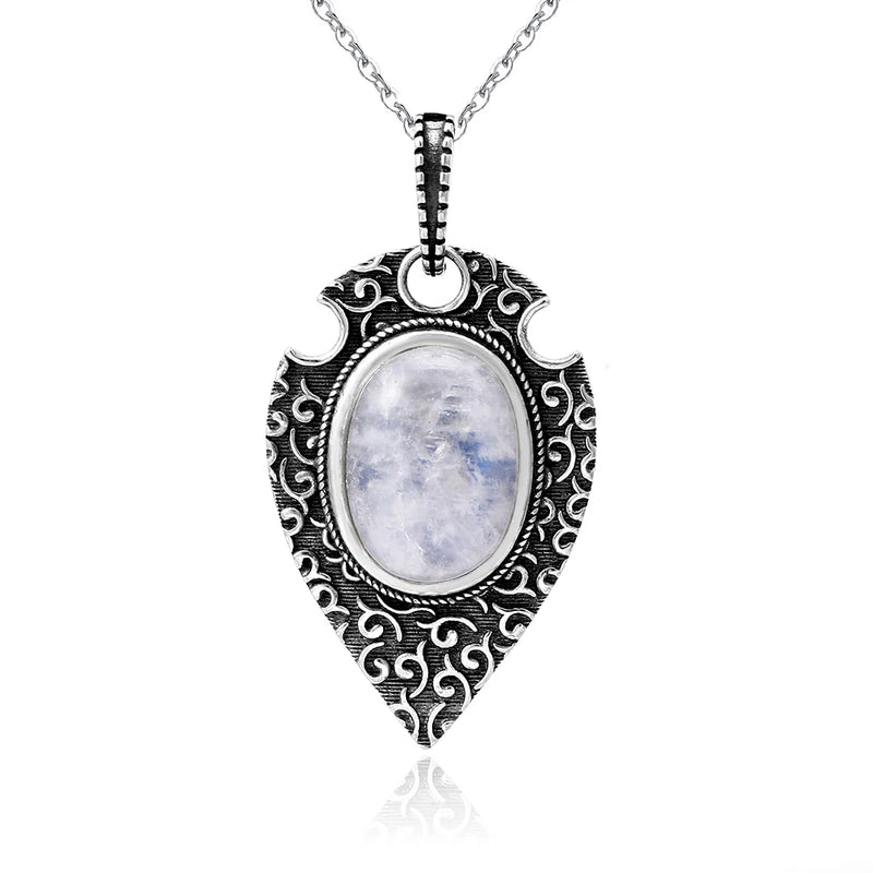 S925 Sterling Silver Necklace Pendant Natural Moonstone Retro Bohemian Style