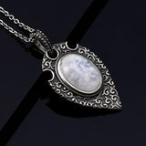 S925 Sterling Silver Necklace Pendant Natural Moonstone Retro Bohemian Style