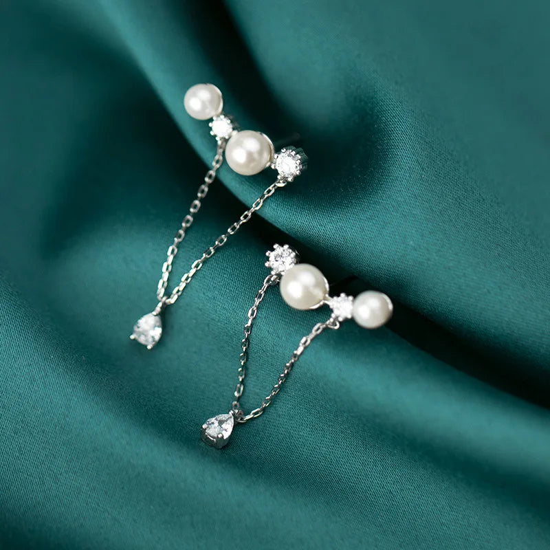 S925 Sterling Silver Stud Earrings Fresh Diamond Pearl Tassel Ear Jewelry
