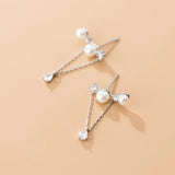 S925 Sterling Silver Stud Earrings Fresh Diamond Pearl Tassel Ear Jewelry