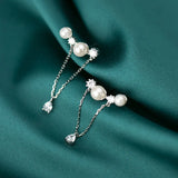 S925 Sterling Silver Stud Earrings Fresh Diamond Pearl Tassel Ear Jewelry