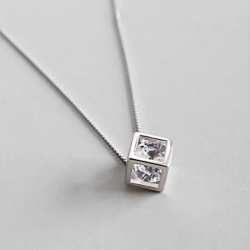 S925 Sterling Silver Hollow Cube Zircon Necklace