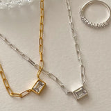 Rectangle Square Zircon Necklace, S925 Silver CZ Pendant