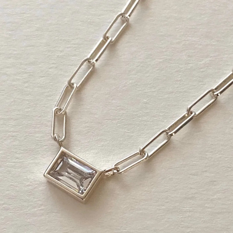 Rectangle Square Zircon Necklace, S925 Silver CZ Pendant