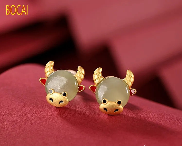S925 Sterling Silver Gold-Plated Hetian Jade Sapphire Earrings
