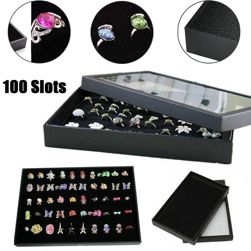 100 Slots Jewelry Ring Display Storage Box with Transparent Lid