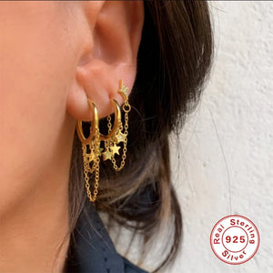 925 Silver Tassel Earring Star Hoop Earrings For Women