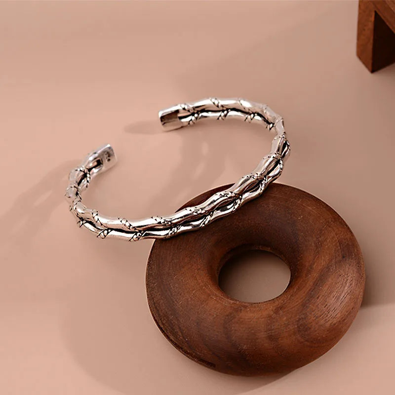 925 Sterling Silver Hiphop Bamboo Bracelet Vintage Hasp Bracelet