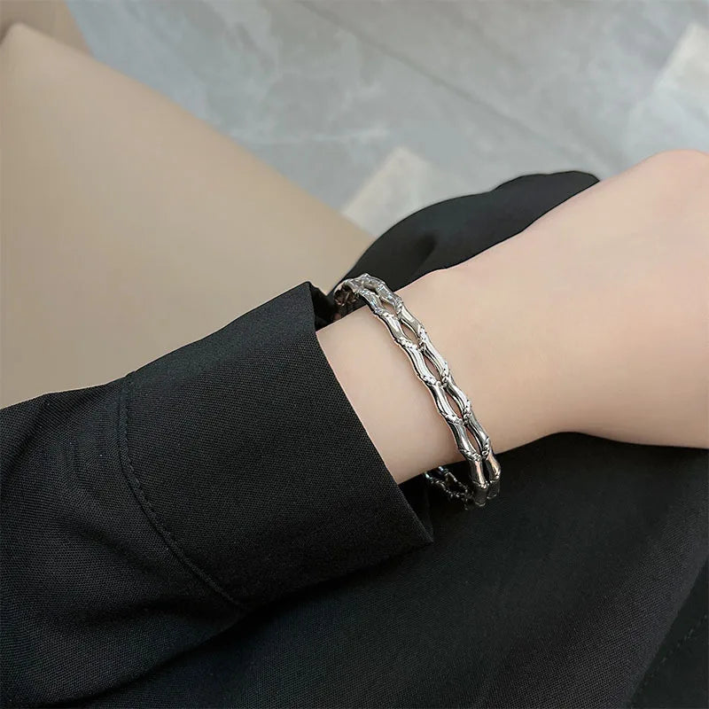 925 Sterling Silver Hiphop Bamboo Bracelet Vintage Hasp Bracelet